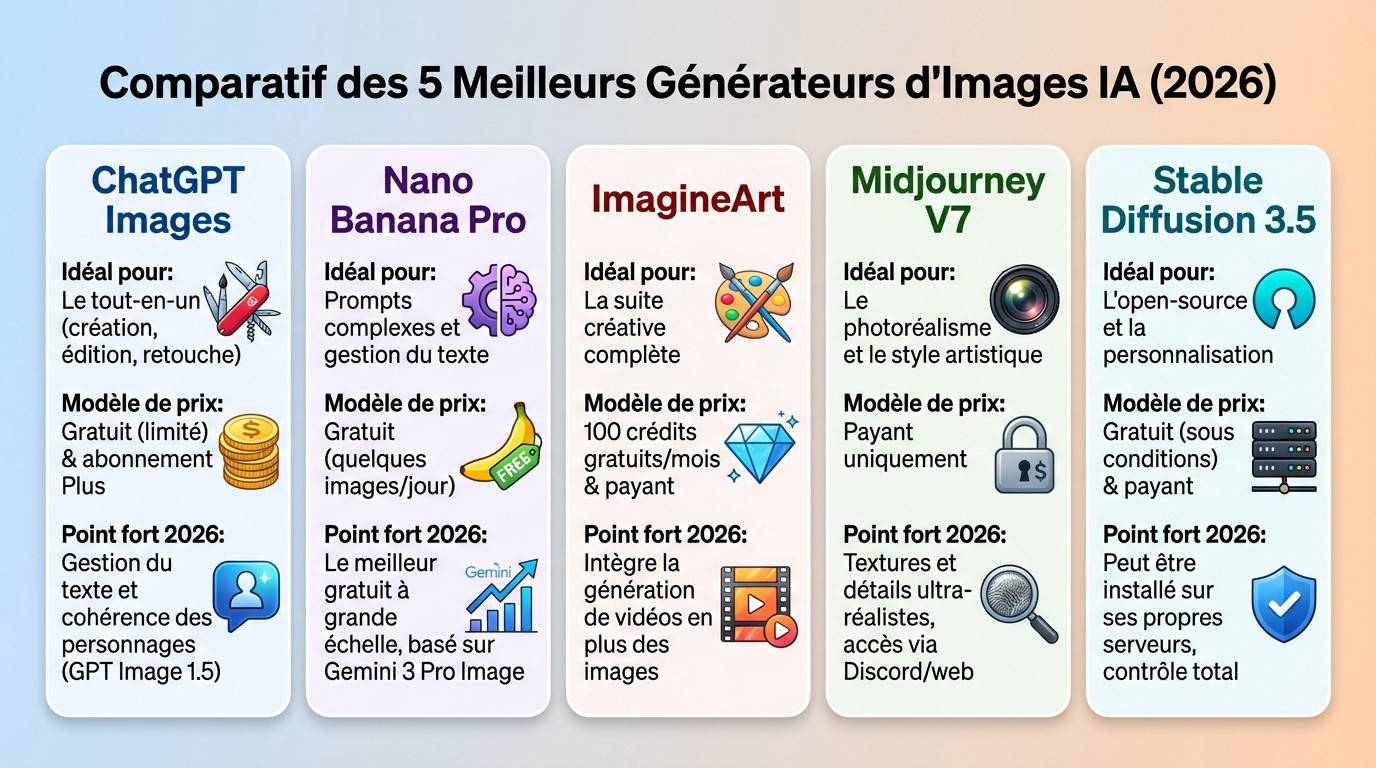 Tableau comparatif des 5 meilleurs générateurs d'images IA en 2026 incluant ChatGPT et Midjourney