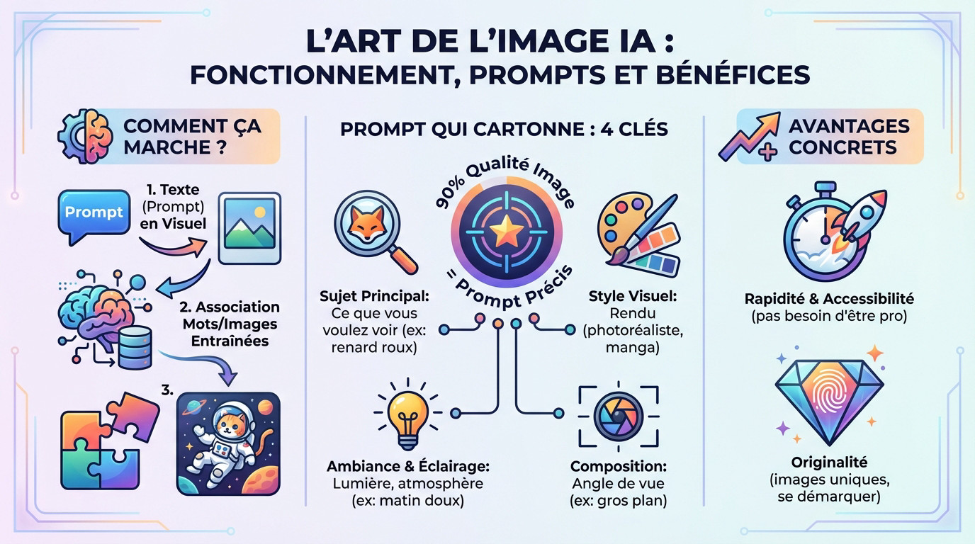 Schéma explicatif du fonctionnement d'une IA génératrice d'images transformant un prompt en visuel