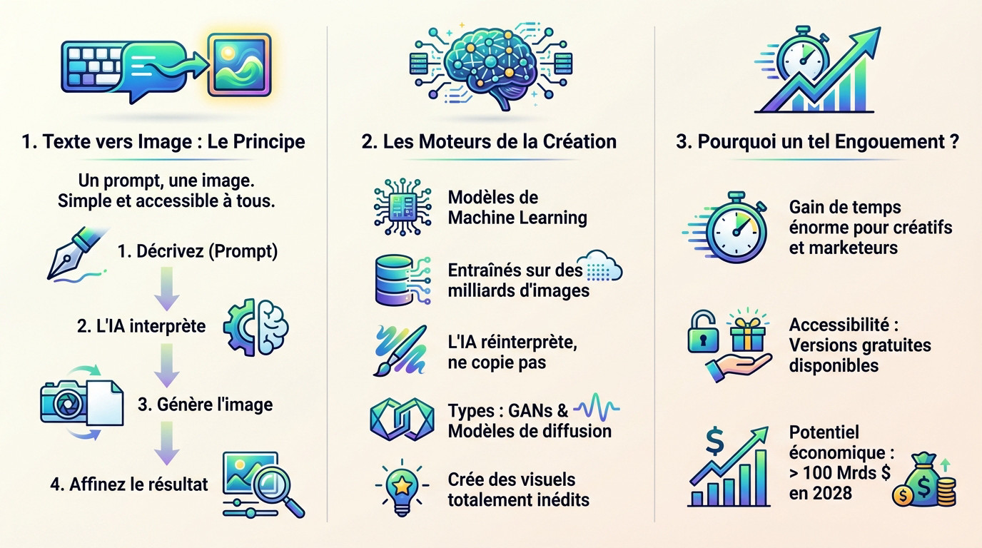 Illustration du processus de création d'images par IA en 2026