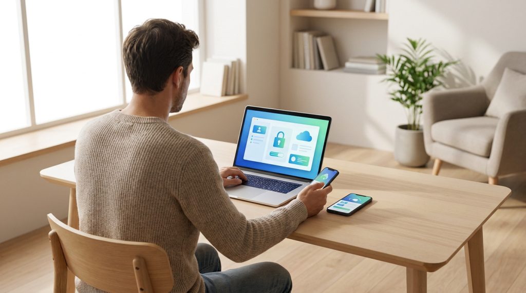 Un homme utilise un ordinateur portable et un smartphone pour gérer ses comptes et paramètres de sécurité en ligne.