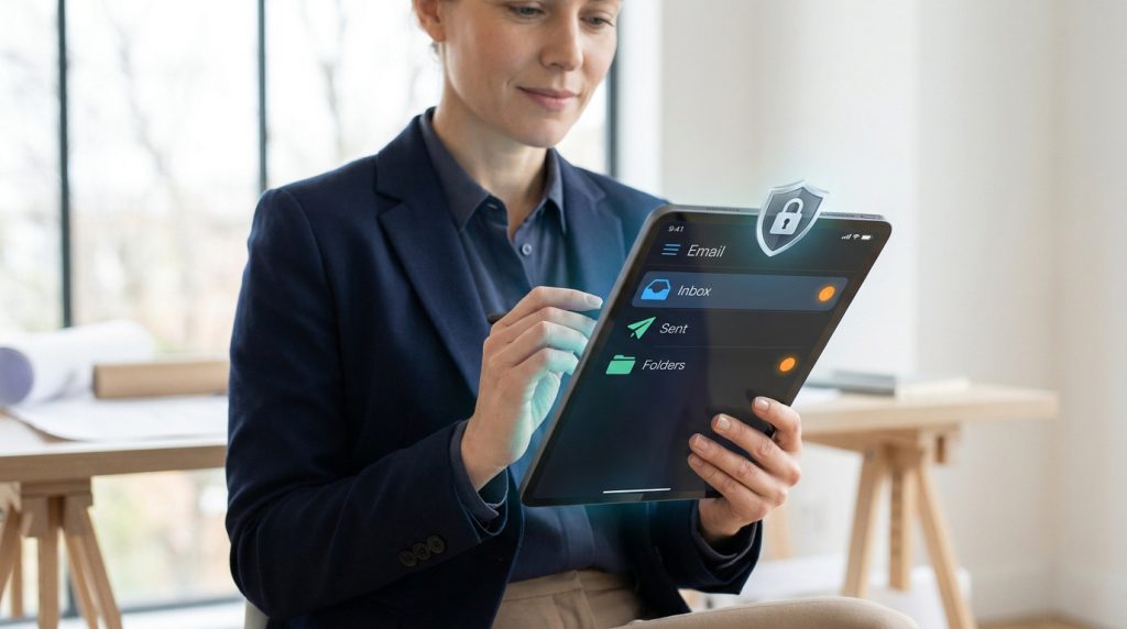 Une femme d'affaires utilisant une tablette affichant une interface de messagerie sécurisée avec une icône de cadenas.