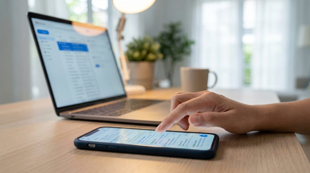 Une personne consulte ses emails sur un smartphone, avec un ordinateur portable ouvert sur un bureau lumineux en arrière-plan.