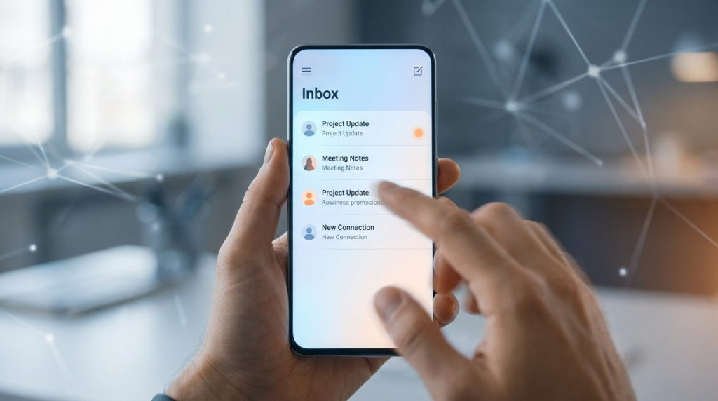 Mains tenant un smartphone affichant une interface de boîte de réception d'e-mails dans un environnement numérique.