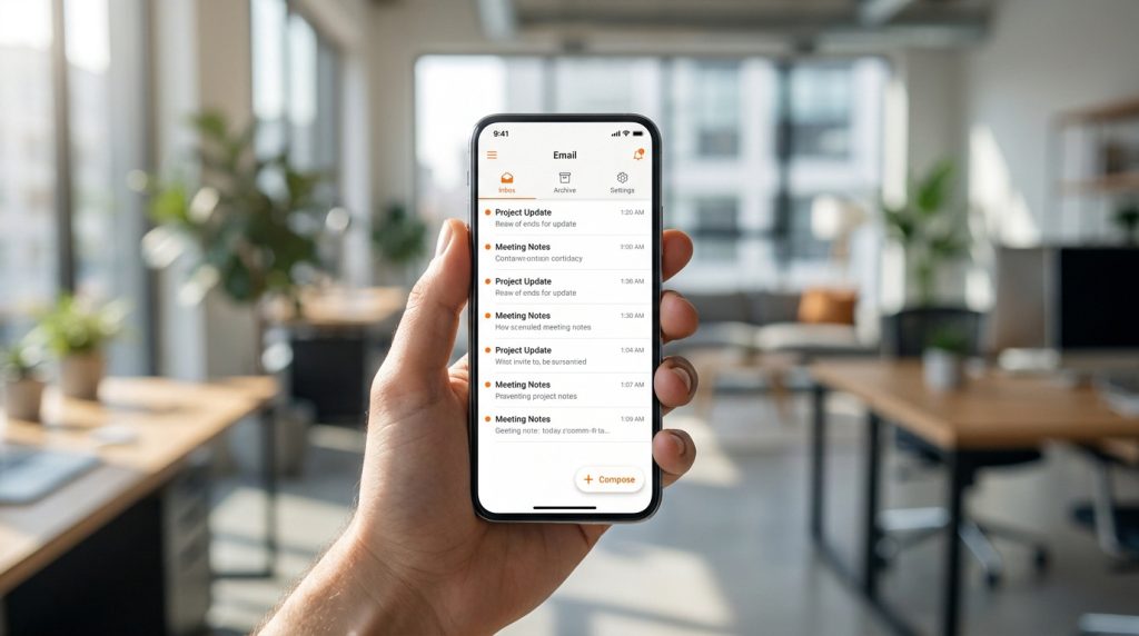 Main tenant un smartphone affichant une application de messagerie électronique dans un bureau lumineux et flou.