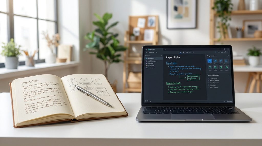 Un carnet de notes ouvert avec un stylo à côté d'un ordinateur portable affichant une interface de prise de notes.