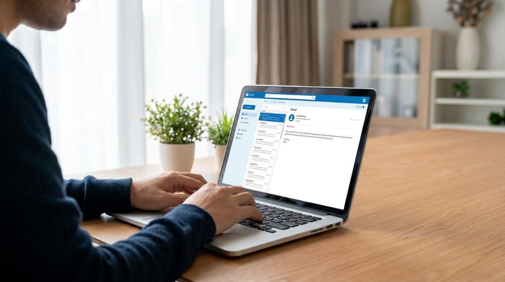 Une personne utilisant un ordinateur portable pour consulter ses e-mails sur une table en bois dans un salon lumineux.