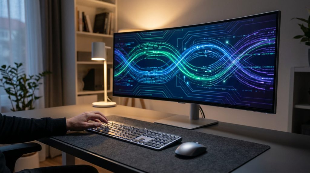 Un écran large affiche des lignes numériques abstraites tandis qu'une personne utilise un clavier et une souris sur un bureau.
