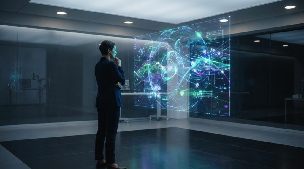 Une femme en costume regarde une interface holographique complexe représentant des données et des ondes numériques.