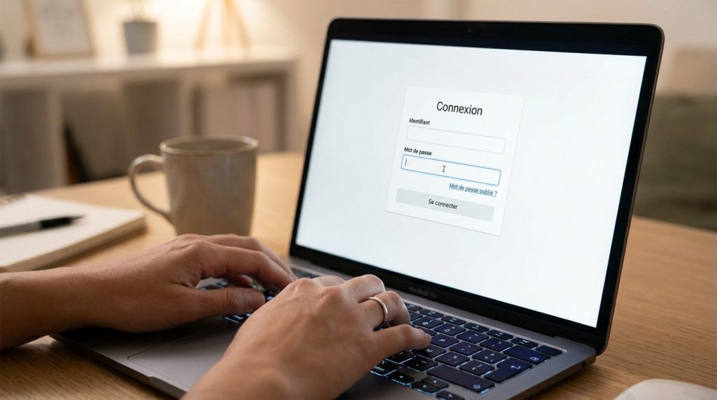 Personne utilisant un ordinateur portable pour se connecter à son espace client La Banque Postale.