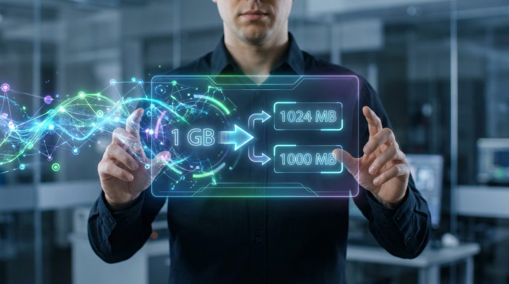 Un homme manipule une interface holographique montrant la conversion de 1 Go en 1024 Mo et 1000 Mo.
