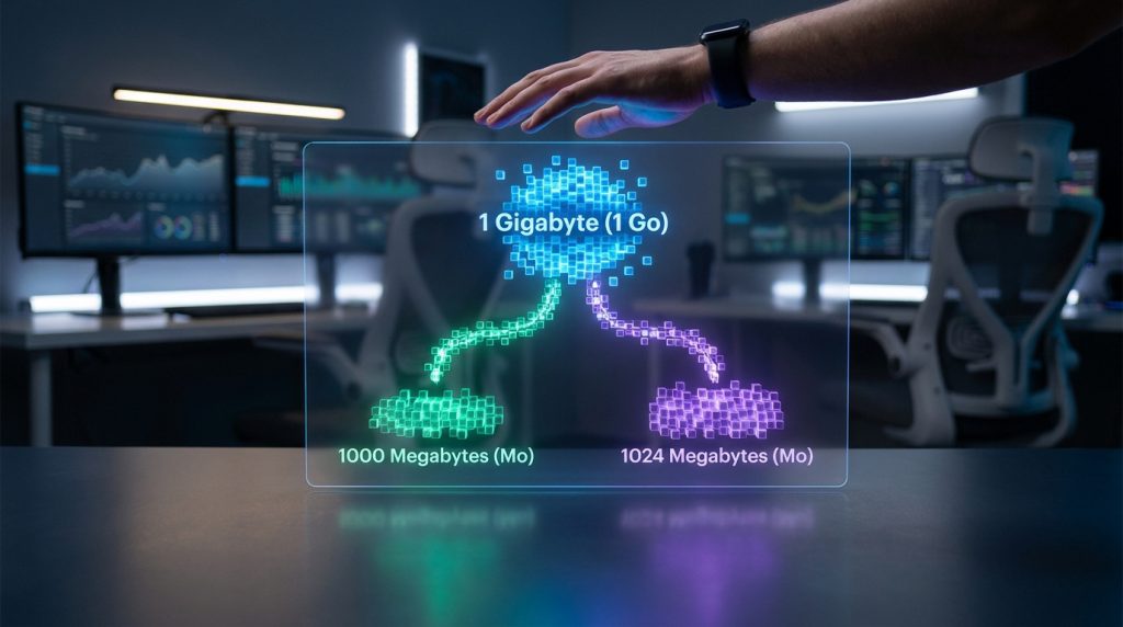 Interface holographique montrant la conversion de 1 Go en 1000 Mo et 1024 Mo dans un bureau technologique.