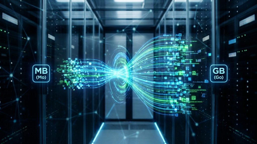 Visualisation abstraite de flux de données numériques dans un centre de serveurs, illustrant la conversion du Mo au Go.