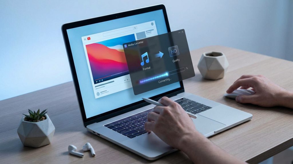 Un utilisateur utilise un logiciel de conversion vidéo HD sur un ordinateur portable sur un bureau épuré.
