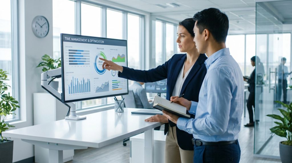 Deux collègues analysent des graphiques de gestion du temps sur un écran dans un bureau moderne.