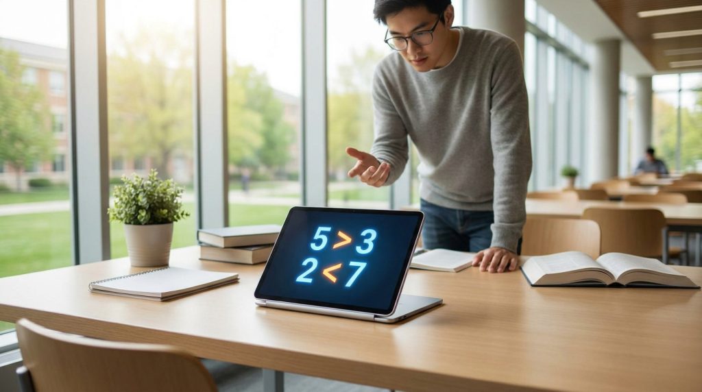 Un étudiant explique les symboles mathématiques supérieur et inférieur affichés sur une tablette.