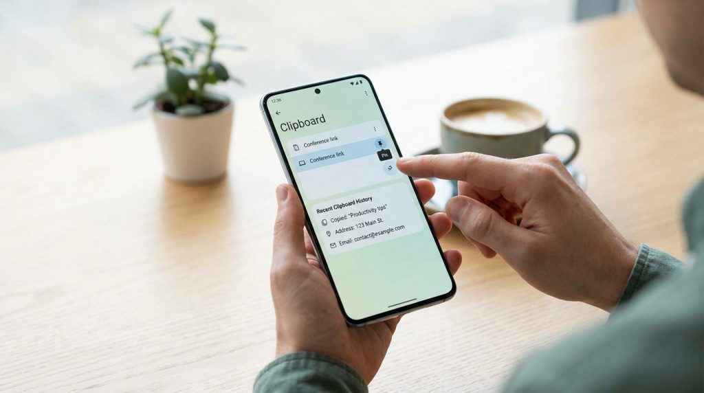 Une personne utilisant l'interface du presse-papiers sur un smartphone Samsung à une table avec un café.