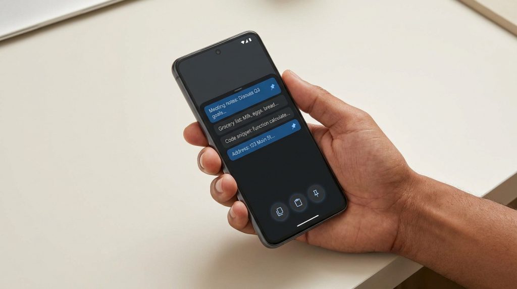Main tenant un smartphone Android affichant le gestionnaire de presse-papier avec des éléments épinglés.