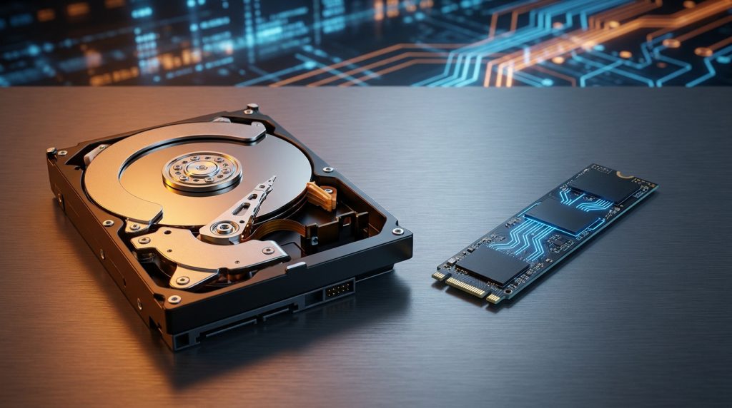 Un disque dur mécanique ouvert à côté d'un SSD M.2 sur un fond numérique avec des circuits imprimés rétroéclairés.