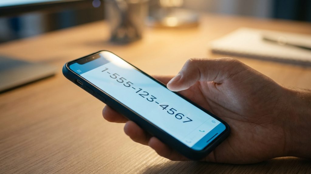 Une main tenant un smartphone affichant un numéro de téléphone sur l'écran.