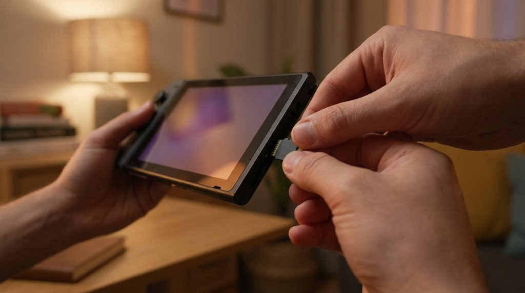 Mains insérant une carte microSD dans le port d'une console Nintendo Switch.