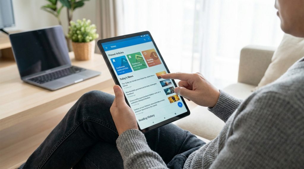 Une personne utilisant une tablette tactile pour lire des articles sur une application de presse Android.