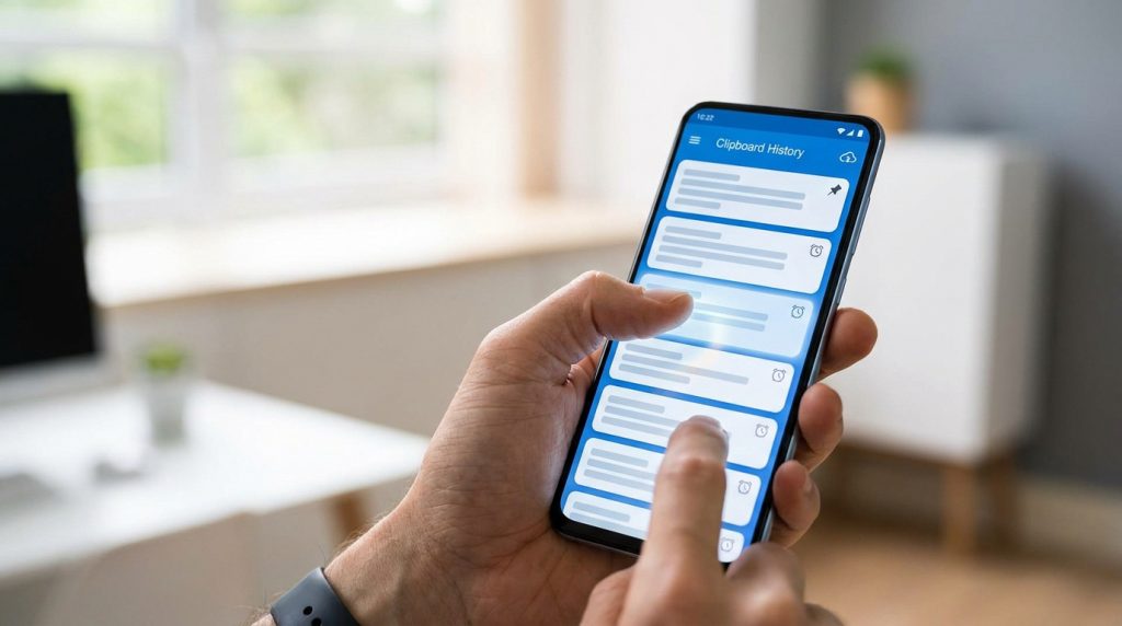 Une main tenant un smartphone affichant une application de gestion de l'historique du presse-papier.