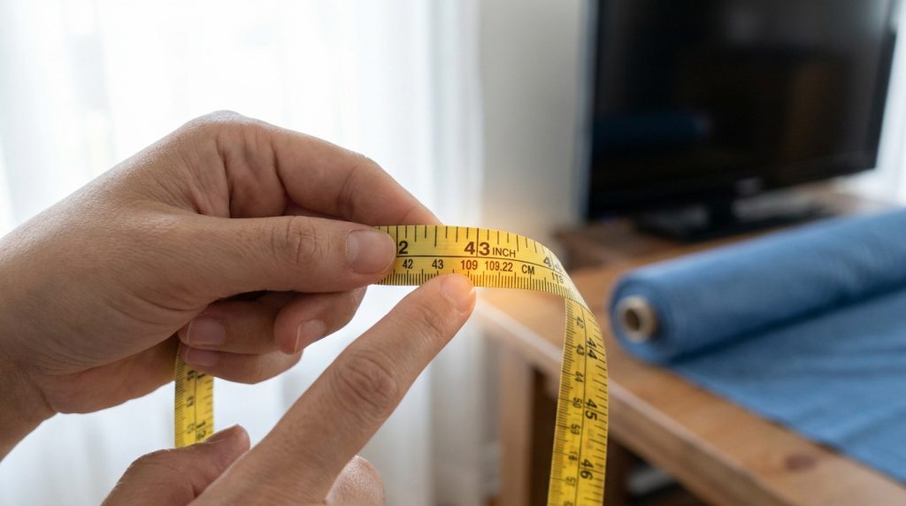 Gros plan sur des mains tenant un mètre ruban indiquant 43 pouces soit 109,22 cm.