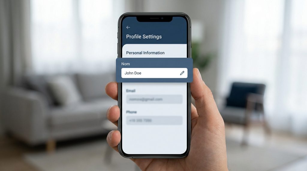 Un smartphone affichant les paramètres de profil avec l'option pour modifier le nom de l'utilisateur.