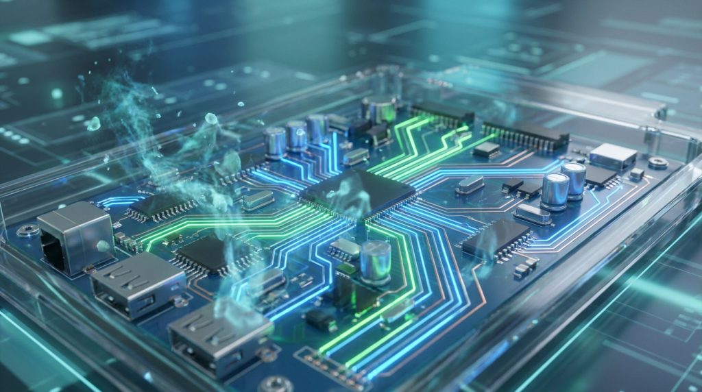 Circuit imprimé informatique avec des effets de fumée et de lumière bleue et verte sur un fond technologique.
