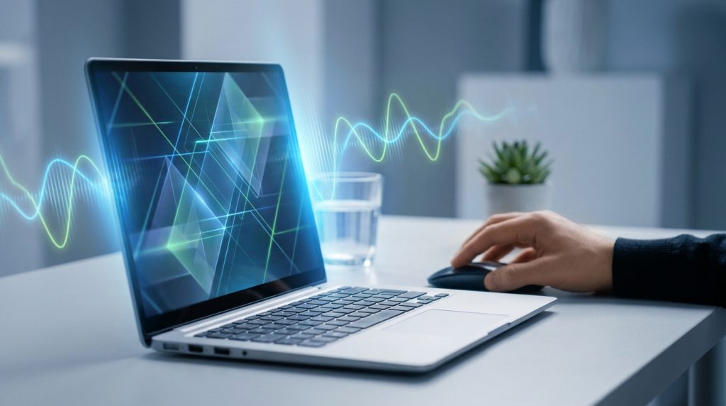 Un ordinateur portable sur un bureau affichant des ondes sonores numériques avec une main utilisant une souris.
