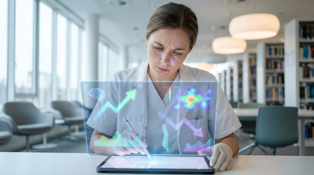 Médecin examinant des données médicales projetées sur un écran holographique au-dessus d'une tablette.