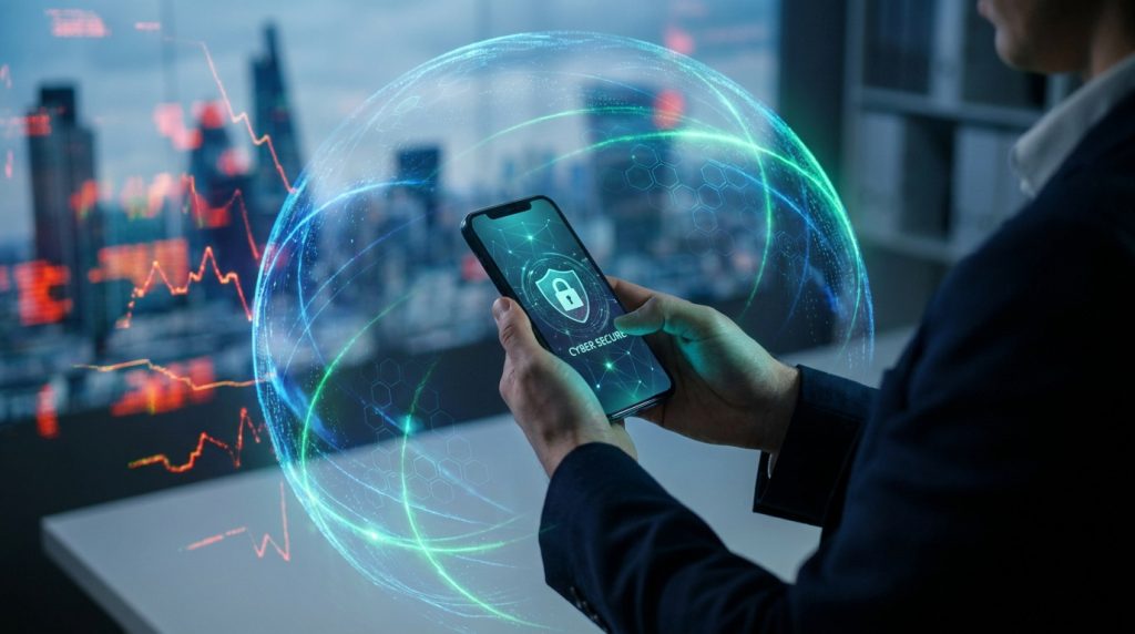 Personne utilisant un smartphone avec un bouclier numérique et une sphère de protection holographique.