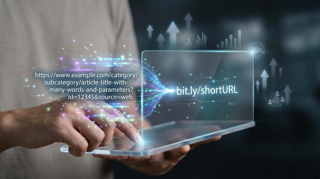 Une personne utilise une interface numérique pour convertir une longue URL complexe en un lien court bit.ly.