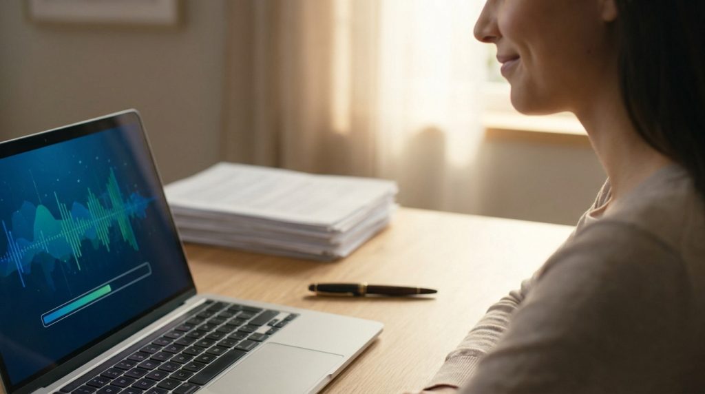 Une femme souriante assise devant un ordinateur portable affichant une barre de progression en cours de chargement.