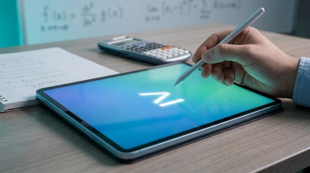 Une main utilisant un stylet sur une tablette affichant le symbole mathématique supérieur ou égal sur un fond dégradé.