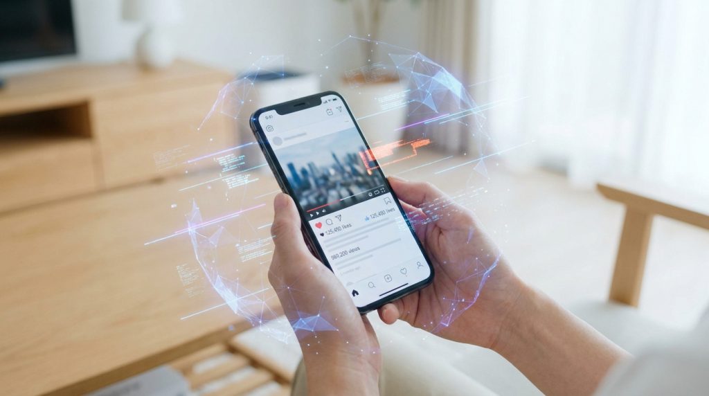 Mains tenant un smartphone avec des graphiques numériques représentant des bots et l'automatisation des réseaux sociaux.