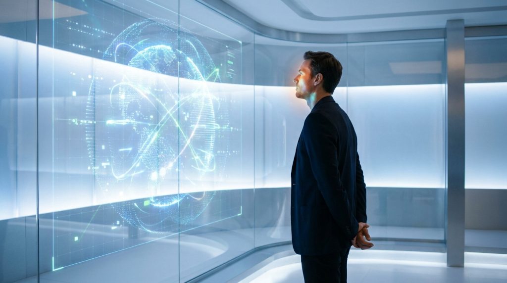 Un homme en costume observe une interface numérique futuriste représentant une terre holographique dans un bureau moderne.