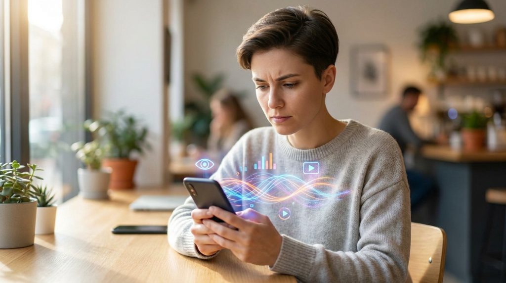 Une femme consulte ses statistiques Instagram sur son smartphone dans un café avec des graphiques holographiques.