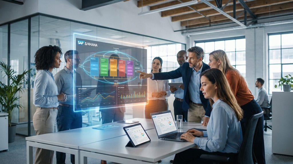 Équipe en réunion analysant des données SAP S/4HANA sur un écran holographique interactif dans un bureau moderne.