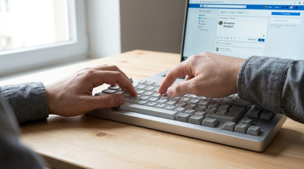 Mains d'une personne tapant sur un clavier mécanique devant un écran affichant les hashtags #creative et #design.
