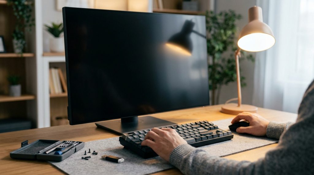Un utilisateur face à un écran d'ordinateur noir sur un bureau avec des outils de réparation.