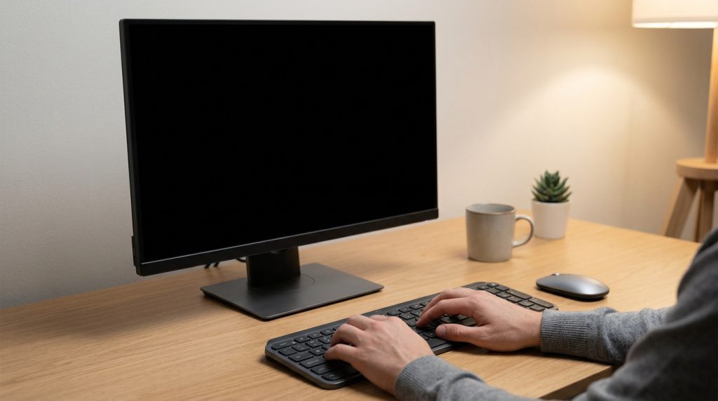 Une personne tape sur un clavier devant un écran d'ordinateur noir sur un bureau en bois.