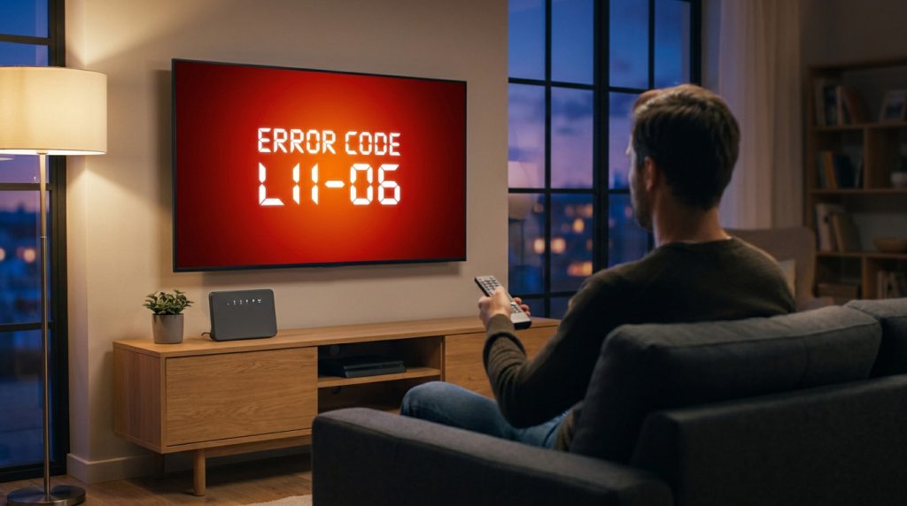 Un homme regarde un écran de télévision affichant le code erreur L11-06 depuis son canapé dans un salon moderne.