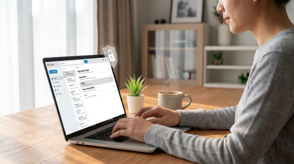 Une personne utilisant un ordinateur portable avec une icône de cadenas flottante pour représenter la sécurité des emails.