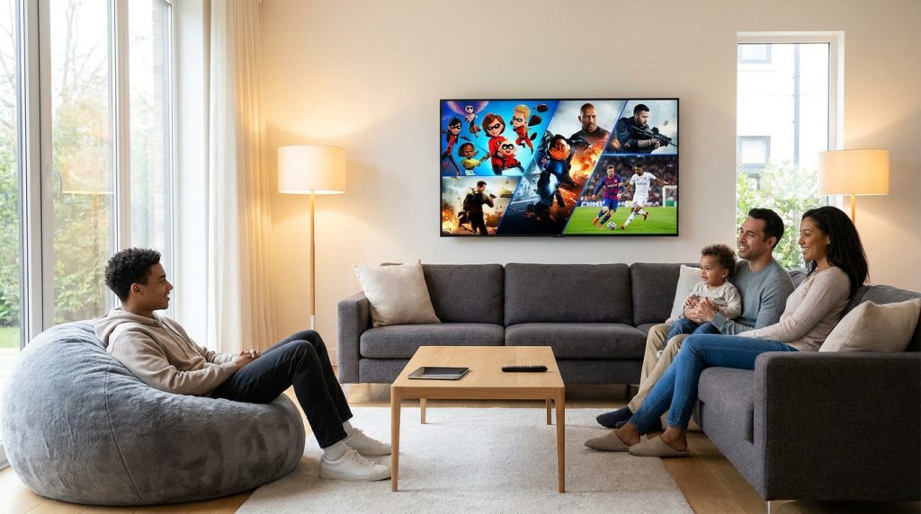 Famille assise dans un salon lumineux regardant des films et du sport sur un téléviseur mural.