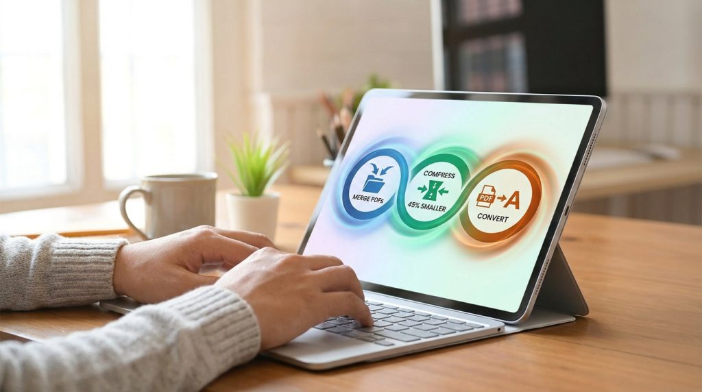 Personne utilisant une tablette pour fusionner, compresser et convertir des documents PDF avec iLovePDF.