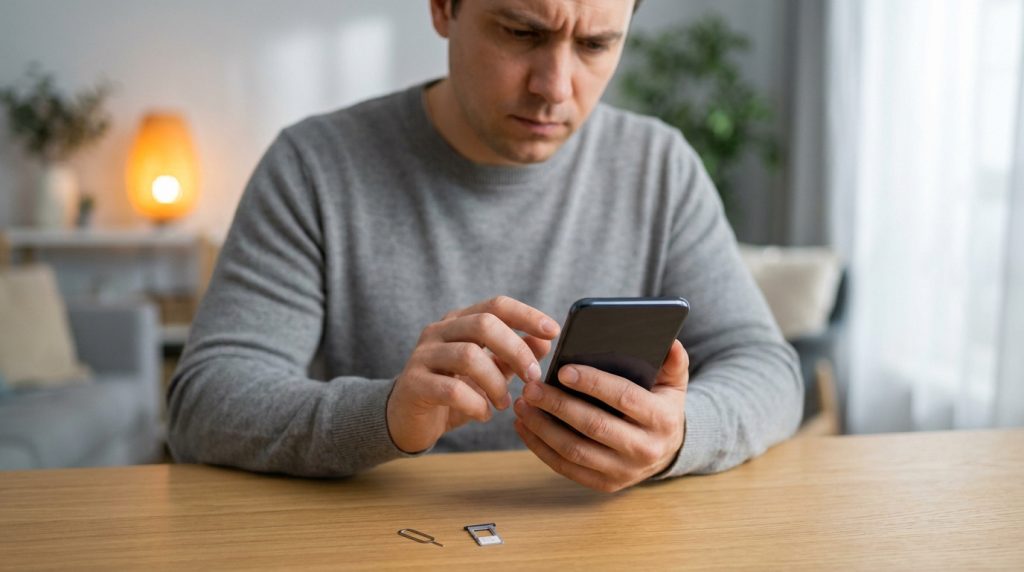 Un homme concentré regarde son smartphone sur une table avec un outil d'éjection et un tiroir de carte SIM.