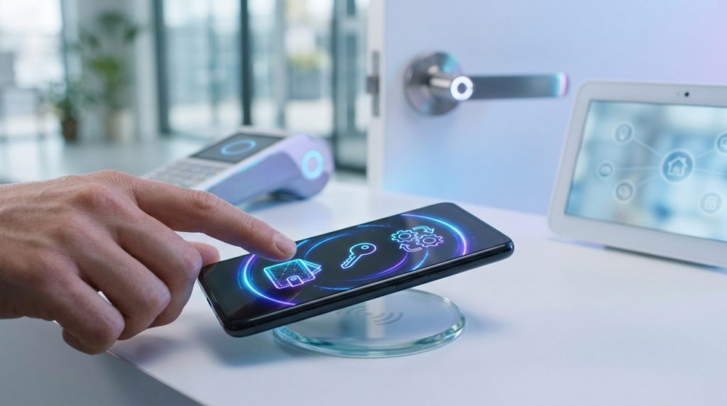 Main utilisant un smartphone sur un chargeur NFC pour déverrouiller une porte connectée.