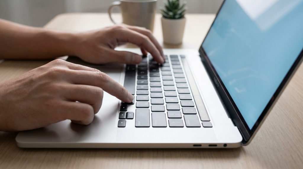 Mains d'une personne tapant sur le clavier d'un ordinateur portable Mac en gros plan.