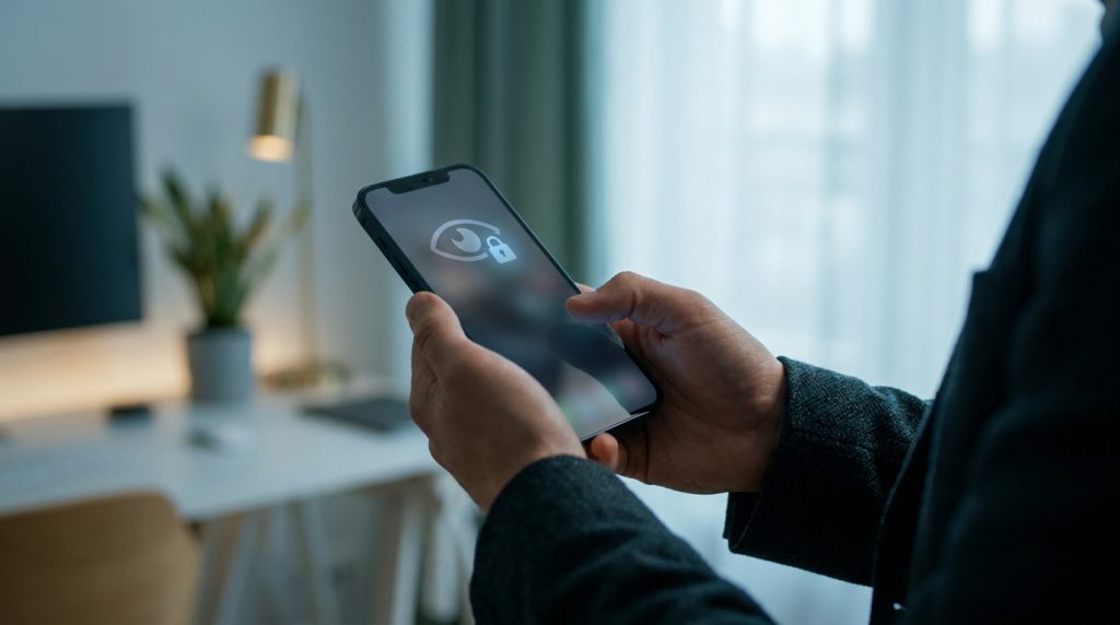 Mains tenant un smartphone affichant une icône d'œil avec un cadenas, symbolisant la navigation privée.